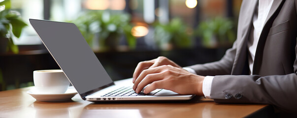 A professional working on a laptop at a cozy cafe surrounded by green plants in the afternoon