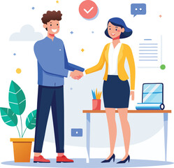People shaking hands at work - Two businesspeople, man and woman doing handshake in office at work while smiling over business agreement and deal. Flat design stock illustration on white background