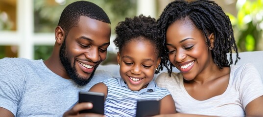 Happy Black Family Using Mobile Phones, Surfing The Internet Together At Home On The Couch