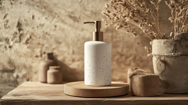 White ceramic soap dispenser with gold pump on wooden surface with dried flowers in the background.