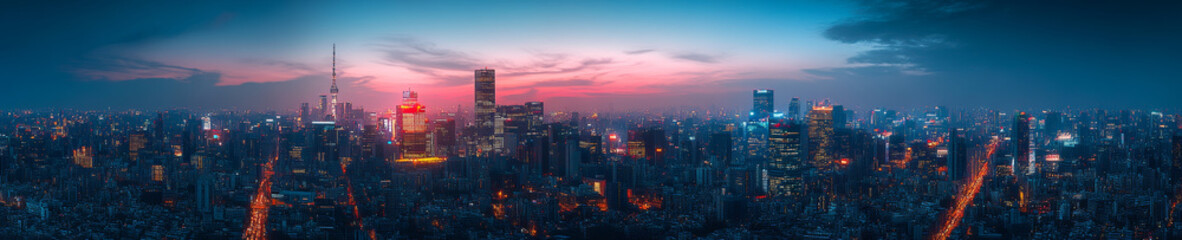 Obraz premium stunning panoramic view of bustling city skyline at dusk, showcasing vibrant lights and towering skyscrapers against colorful sunset