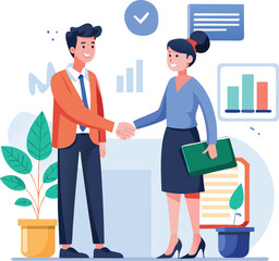 People shaking hands at work - Two businesspeople, man and woman doing handshake in office at work while smiling over business agreement and deal. Flat design stock illustration on white background