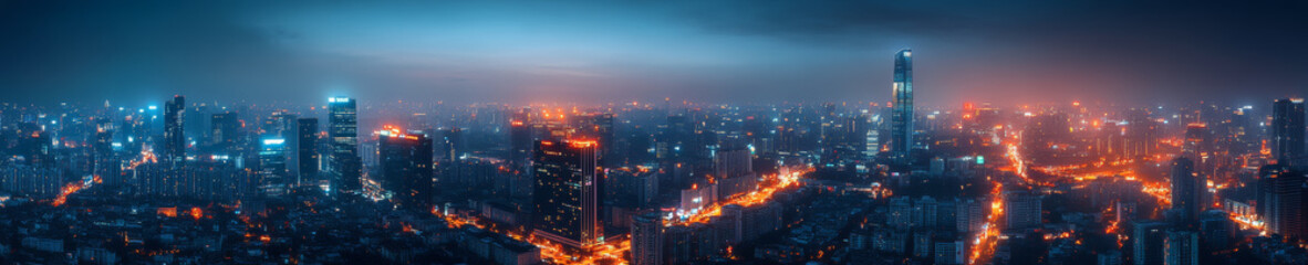 Fototapeta premium stunning panoramic view of bustling city skyline at night, showcasing vibrant lights and towering skyscrapers. atmosphere is alive with energy and urban charm