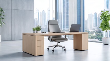 Fototapeta premium Modern Office Desk City View Laptop Plants Workspace