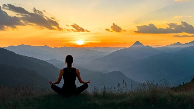 Silhouette of woman in lotus pose sitting on seashore at pink-orange sunset. Curly woman meditates, being in state of relaxed concentration and giving freedom to thoughts, feelings.