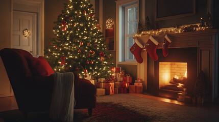 Cozy Christmas Living Room with Fireplace and Decorated Tree - Warm Holiday Atmosphere