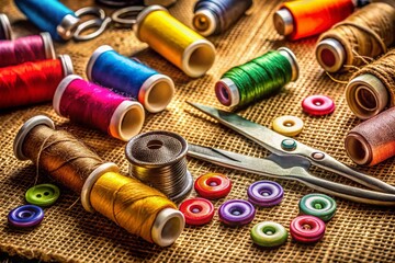 Close-Up of Essential Sewing Equipment for Fabric Projects, Featuring Threads, Needles, Scissors, and Measuring Tools in a Creative Workspace Setup for Crafting Enthusiasts