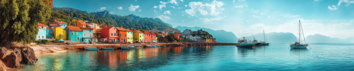 Fototapeta premium Colorful coastal town with boats, mountains, and clear blue water. vibrant houses reflect serene atmosphere, perfect for relaxation and exploration