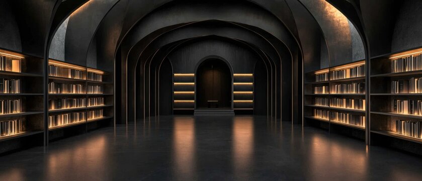 A large, empty library with shelves of books and a long archway