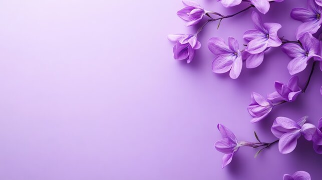 Delicate purple flowers on monochromatic purple background with space for text – ideal for wedding invitations, international women’s day, or mother’s day themes
