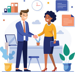 People shaking hands at work - Two businesspeople, man and woman doing handshake in office at work while smiling over business agreement and deal. Flat design stock illustration on white background