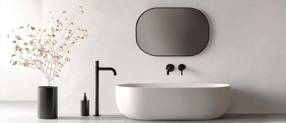A bathroom with a white bathtub and a black sink