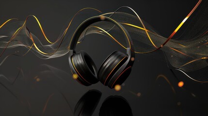 Black Headphones with Golden Accents and Abstract Wave