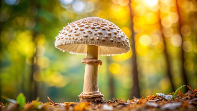 Beautiful Macrolepiota procer, the Majestic Parasol Mushroom, Showcasing Its Unique Features Against a Soft Focus Background with Ample Copy Space for Text and Design Elements