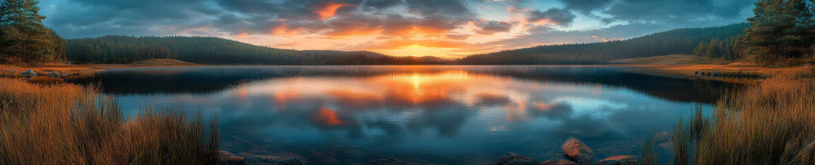 Obraz premium panoramic view of serene lake at sunset, reflecting vibrant colors in water. tranquil scene is surrounded by lush greenery and distant hills, evoking sense of peace and beauty