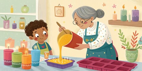 Elderly indian woman wearing an apron is pouring melted wax into a mold, assisted by her grandson, in a candle making workshop filled with colorful candles and supplies
