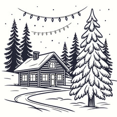 a realistic pencil sketch of a serene winter landscape: