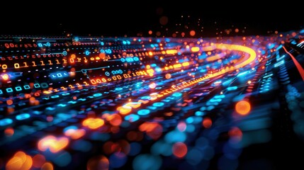 Obraz premium Abstract Representation of Digital Data Flow with Glowing Binary Code and Neon Lights Creating a Futuristic Technological Landscape