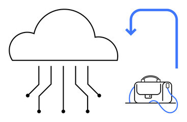 Cloud with circuit lines connecting to briefcase and downward arrow. Ideal for technology, cloud storage, digital data transfer, remote work, business solutions, IT infrastructure, and networking
