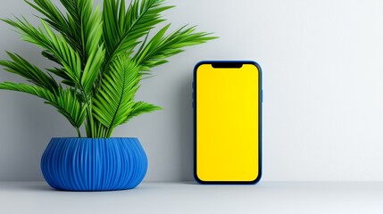 Modern Smartphone Mockup with Tropical Plant Yellow Screen