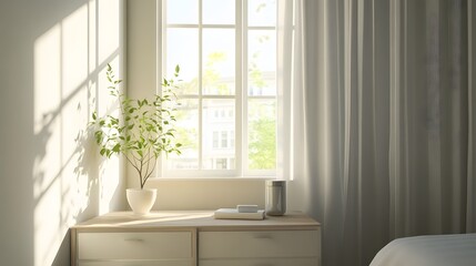 31. A serene, modern bedroom with natural light filtering in, leaving an empty space on the dresser for a product