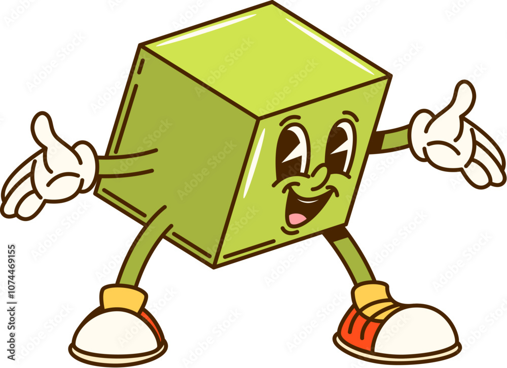 Poster groovy math geometric cube figure character. isolated cartoon vector cheerful cubic with a bright gr