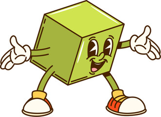 Groovy math geometric cube figure character. Isolated cartoon vector cheerful cubic with a bright green color, joyful expression outstretched arms, exudes fun and energy ready for children education