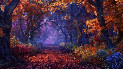 Fototapeta premium An ancient enchanted forest where the leaves change color with the music played by unseen musicians