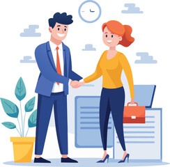 People shaking hands at work - Two businesspeople, man and woman doing handshake in office at work while smiling over business agreement and deal. Flat design stock illustration on white background