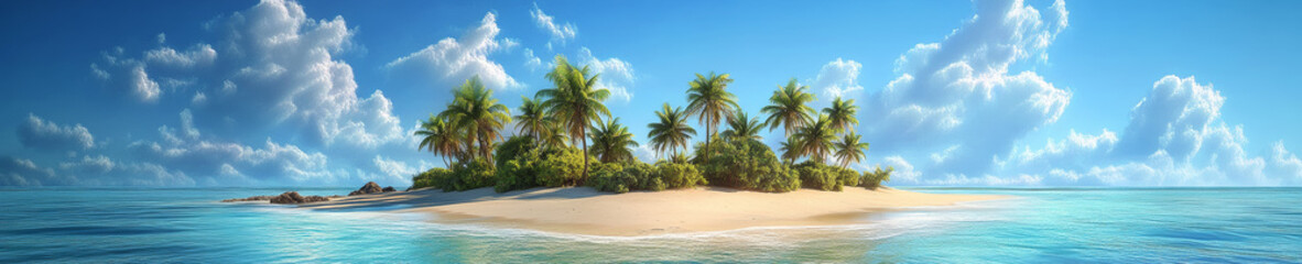 Obraz premium panoramic view of tropical island featuring lush palm trees, soft sandy beaches, and clear blue waters under bright sky. This serene landscape evokes sense of tranquility and paradise