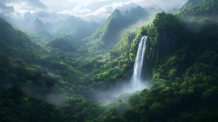 Fototapeta premium An aerial view of a secret waterfall hidden within a lush valley, showcasing the natural beauty and untouched landscape 