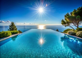 Fototapeta premium Breathtaking Long Exposure of an Infinity Pool Overlooking the Mediterranean Sea on a Sunny Day, Capturing Tranquility and Vibrant Colors of Nature's Beauty