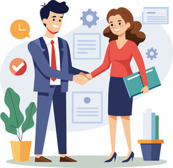 People shaking hands at work - Two businesspeople, man and woman doing handshake in office at work while smiling over business agreement and deal. Flat design stock illustration on white background