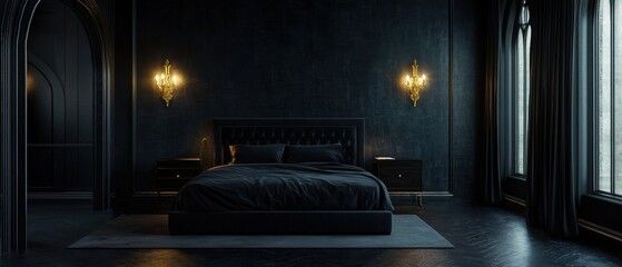 Fototapeta premium A black bedroom with a large bed and two nightstands