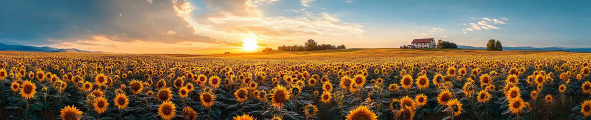 Obraz premium panoramic view of vibrant sunflower field at sunset, showcasing bright yellow flowers under colorful sky. serene house is visible in distance, enhancing tranquil atmosphere