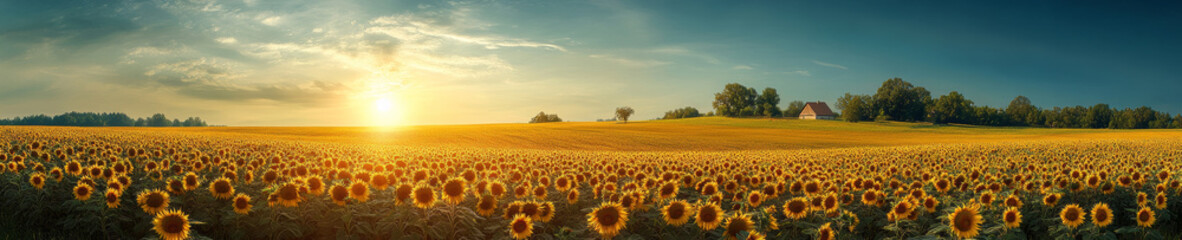 Fototapeta premium panoramic view of vibrant sunflower field at sunset, showcasing golden blooms under dramatic sky. serene landscape features distant farmhouse, enhancing tranquil atmosphere