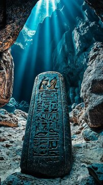 A stone obelisk stands tall in a cavern, sunlight filtering through the opening above