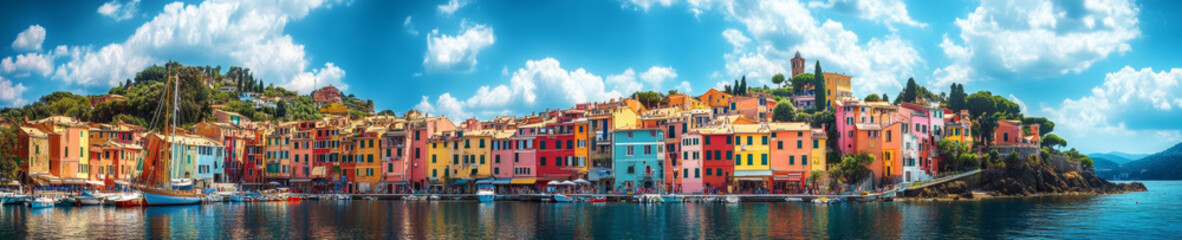 Obraz premium vibrant panoramic view of coastal village featuring colorful buildings, boats, and serene waterfront under bright blue sky. picturesque scenery evokes sense of tranquility and charm