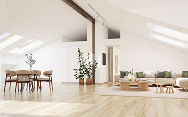 Bright, minimalist loft living room