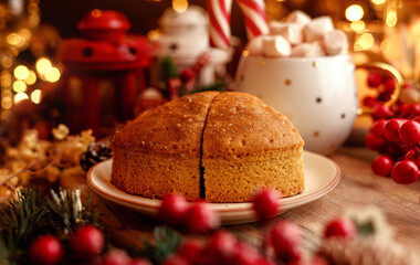 Cake surrounded by festive decorations, creating a cozy holiday vibe. Perfect for Christmas, holiday season, or festive celebrations. Keywords: Christmas cake, holiday food.