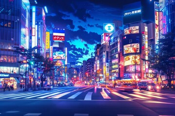 Vibrant Night in Tokyo's Shibuya District. Anime Illustration Style.