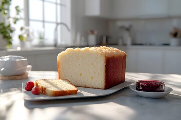 Rectangular quatre-quarts pound cake with slices cut, revealing a tender crumb, on a modern plate with strawberry jam. A chic kitchen and natural light enhance warmth