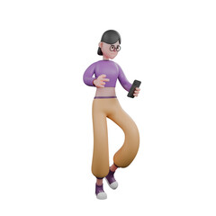 3D Model of Dancer Character. A female dancer stands facing left with her left leg slightly bent while looking down at the cellphone in her left hand then her right hand points to the cellphone.