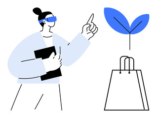 Woman in VR headset pointing towards a digital leaf sprout, holding a tablet, shopping bag nearby. Ideal for technology, e-commerce, sustainability, education, innovation, virtual reality