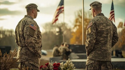 Fototapeta premium Soldiers remembering veterans at a peaceful memorial site, symbolic flags and wreaths, solemn atmosphere
