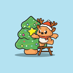 Cute deer Christmas vector Icon Illustration. Animal Nature Flat Cartoon Style