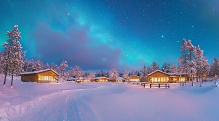 Beautiful winter landscape with cozy wooden houses and a starry sky. 