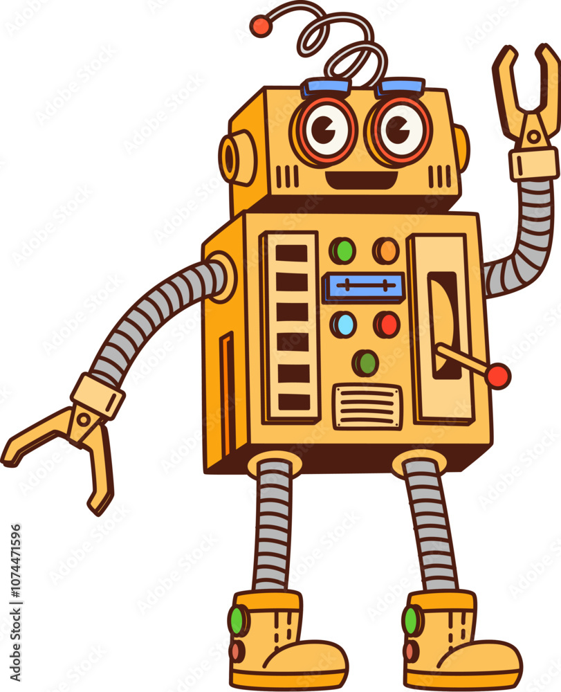 Poster cartoon retro groovy robot character features square body with colorful buttons and dials, flexible 