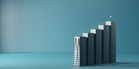block step target on the top of wooden cube blocks. Shining rise up arrow shoot up towards the goal, business growth process.