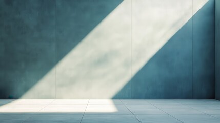 Minimalist Interior with Light Streaks on a Teal Wall and White Tile Floor